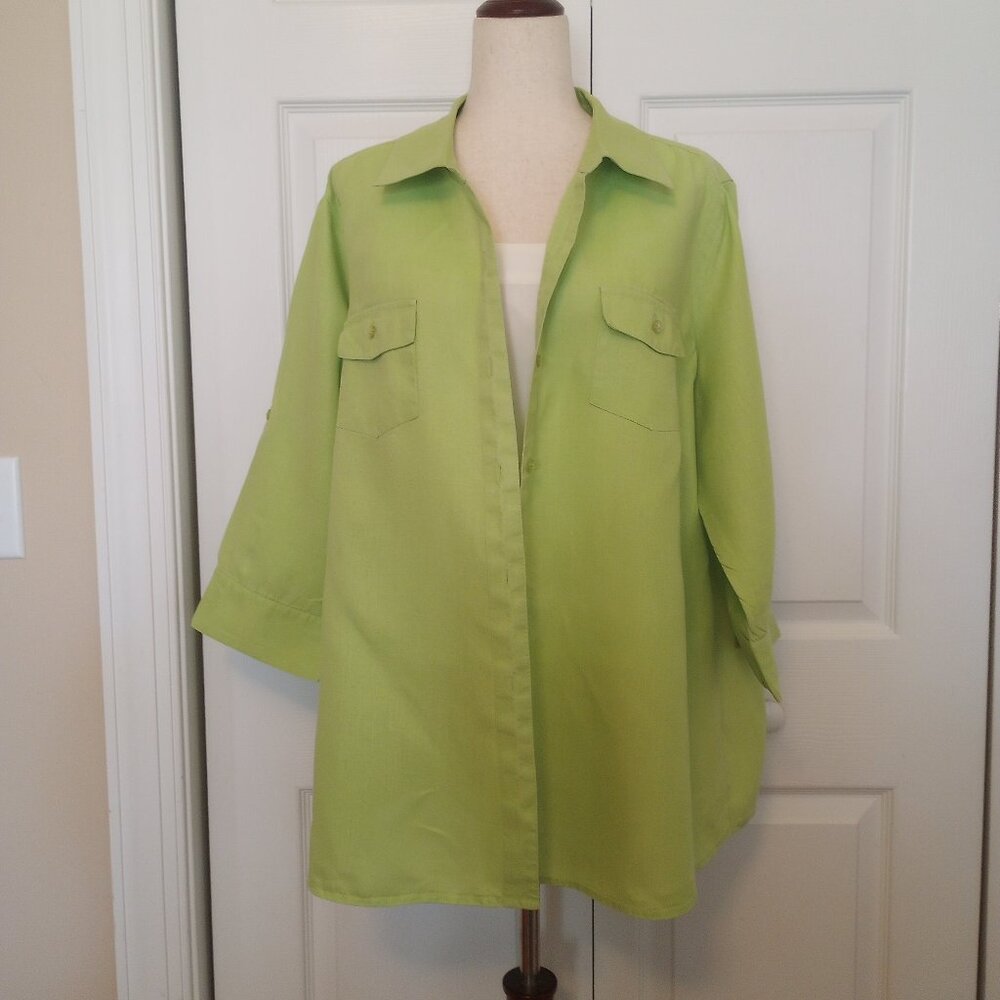 Womens 2X 100% Linen Button Front Blouse Crisp Apple Green Tab Sleeve Washable